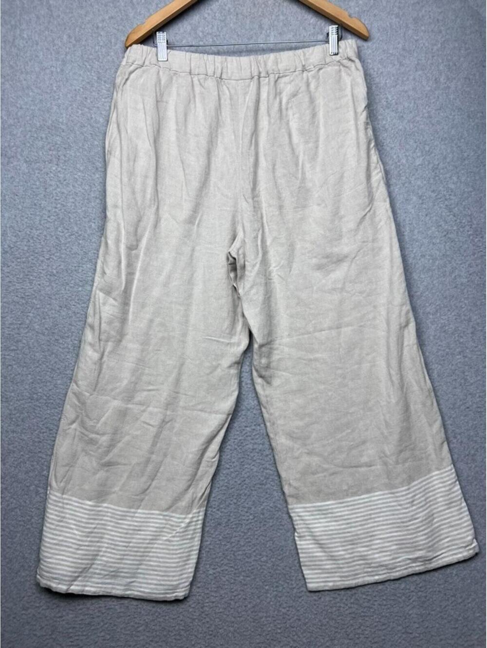 Pure Jill Linen Wide Leg Pants L Beige Striped Border Hem Crop Coastal Boho New - Picture 2 of 11